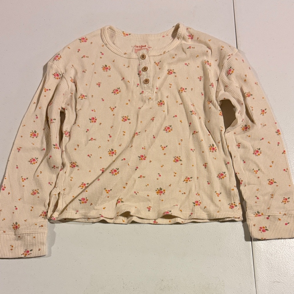 Cat & Jack Cream Ribbed Floral Henley Long Sleeve Top